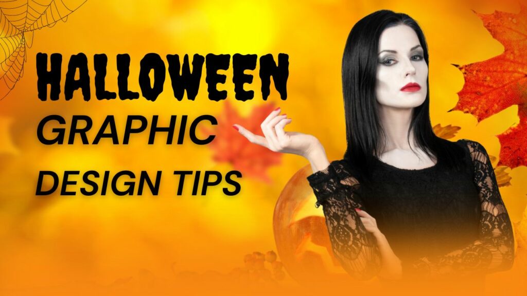 Halloween witch pointing at wording that says 'graphic design tips at halloween'